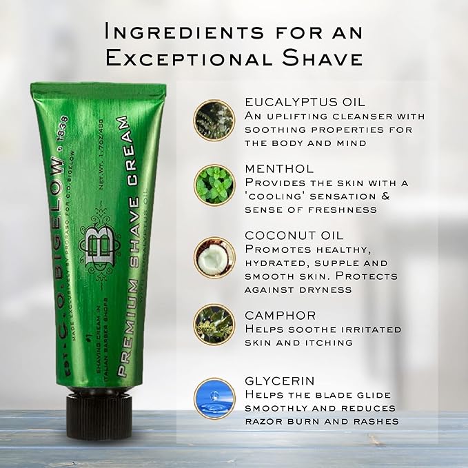 C.O. Bigelow Travel Shaving Cream, 3 Pack of 1.7 oz Mens Shaving Cream with Eucalyptus Oil for Sensitive Skin & All Skin Types, Travel Size