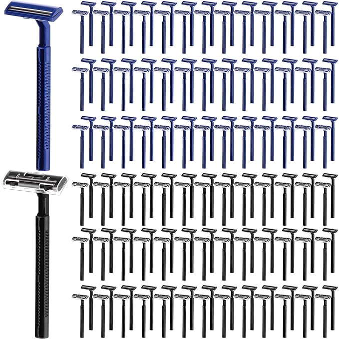 Lasnten 400 Pcs Disposable Razors Bulk Individually Wrapped Twin Blade Razors with Clear Safety Cap Stainless Steel for Women Men Hotel Shelter Homeless Nursing Home(Black, Blue)