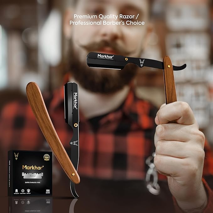 Markhor® Straight Razors for Men with 100 Single Edge Razor Blades | Rose Wood Matte Black Barber Straight Razor | Straight Edge Razor | Barber Razor Blade | Navajas Para Barbero