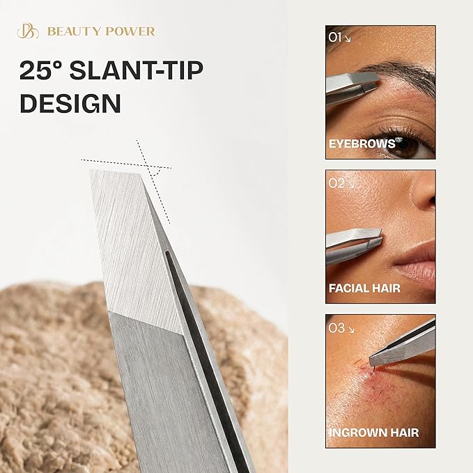 Professional Tweezers in Case - Slant, Durable Lightweight German Stainless Steel, Ultra Precision Tweezers for Eyebrows, Facial Hair, Chin, and Ingrown Hair Removal - Gift (Matte Gray)
