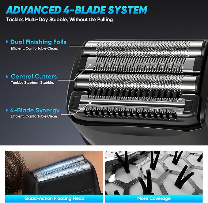 Electric Foil Shavers for Men: Compact Electric Razor with 4 Floating Blades, Travel Portable Foil Shaver for Men, USB-C Rechargeable, Waterproof Wet Dry Cordless Face Shaver for Travel & Home, Black