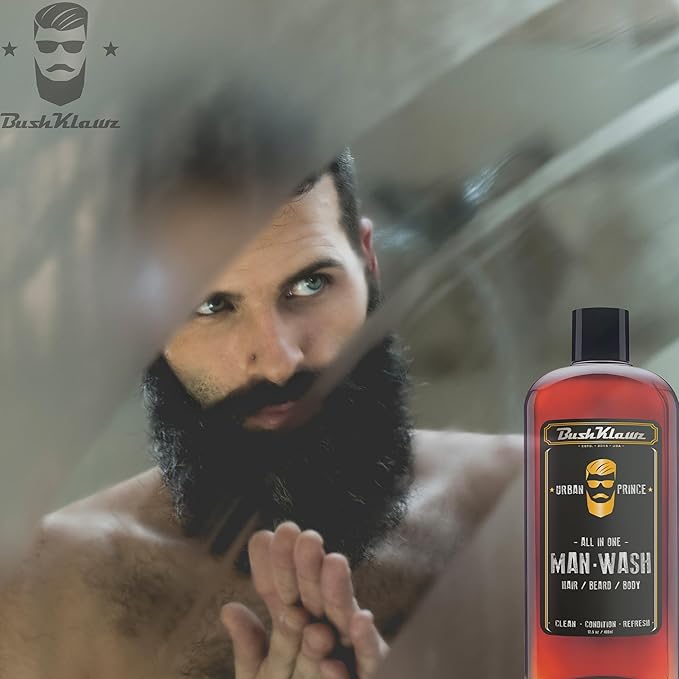 BushKlawz URBAN PRINCE MAN WASH Men’s Original All in One 3-in-1 Shampoo Conditioner Hair Beard Body Wash Man Made American Viking Crew Cannon Wash with Bulldog Duke PH Ballwash