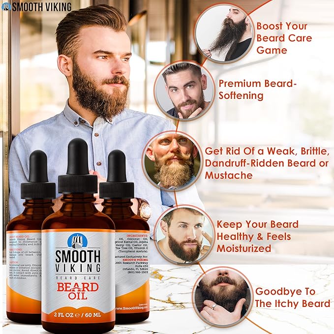 Smooth Viking Beard and Mustache Oil for Men - Argan Formula for Moisturizing, Grooming, and Soothing Dry Skin (2 Oz)