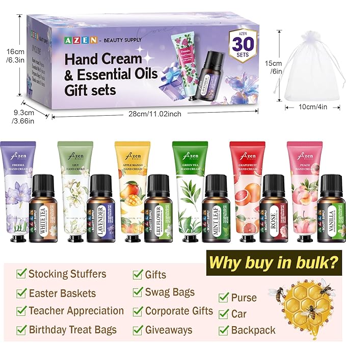 AZEN 30 Sets Bulk Gifts, Hand Cream and Essential Oils Bulk Set with Organza Bag Thank You Card, Baby Shower Wedding Gifts for Guests, Bridal Wedding Favors for Guests,Thank You Gifts for Women