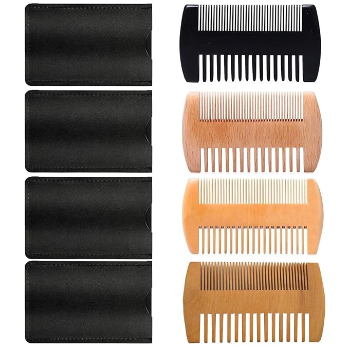 4 Pack Double-Sided Pocket Comb, Wooden Dual Action Beard and Mustache Comb Set with Leather Cases for Beards and Mustaches, Everyday Styling Comb For Detangling Knots, Beard Care & Grooming