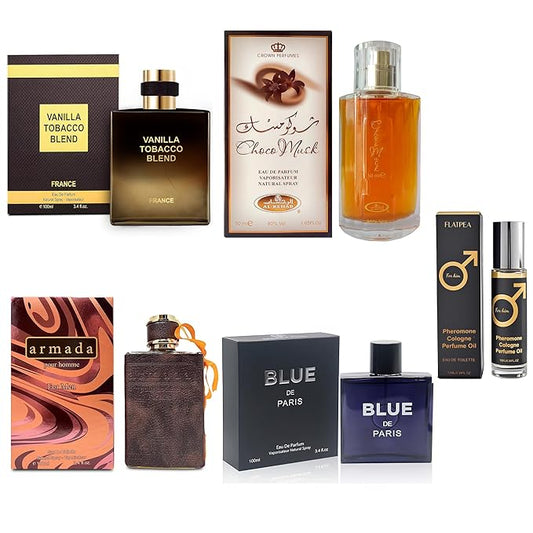 Men's Cologne Gift Set - Variety Pack of 4 Long Lasting Fragrances with 10ml Pheromone Cologne (Choco Musk/Vanilla Tobacco Blend/Armada Men/Blue De Paris)