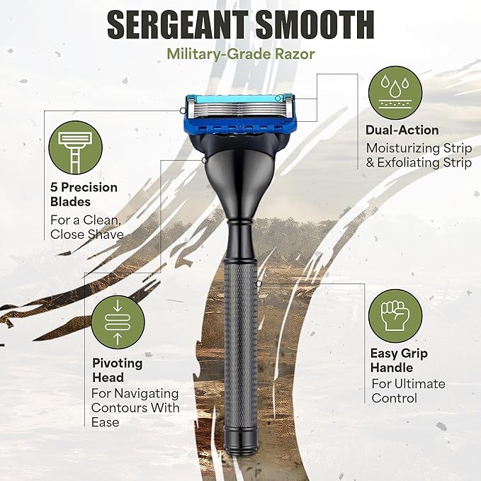 Duty & Dapper | Sergeant Smooth 5 Blade Razor With Lubricating Strip and Exfoliating Strip | Heavy Duty Tough Military Grade Shaving Razors and Accessories For Men