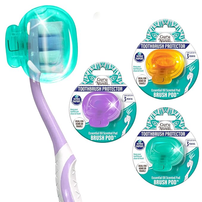 GuruNanda Brush Pods - ToothbrushCover for Manual & Electric Toothbrush, KeepsToothbrush Fresh & Clean, Travel Accessories with Natural Essential Oil Vapors (Pack of 3)