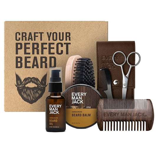 Every Man Jack Beard Grooming Kit for Men - Includes Sandalwood Beard Oil & Beard Balm, Beard Brush, Wooden Dual-sided Comb, Trimming Scissors and Mustache Comb