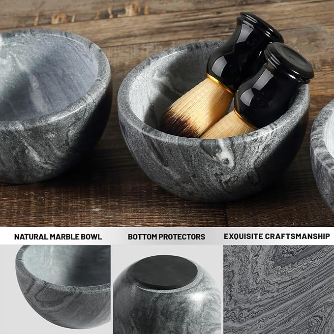 Koville Marble Shaving Soap Bowl 5'' Gray Handmade Shaving Cream Bowl, Marble Bowls For Shaving Foam, Shave Soap Bowl, Shaving Kit Bowl, Shaving Cup Gift for Men with 2 pack Shaving Brush