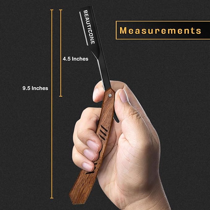 BEAUTICONE Straight Razors for Men, Straight Edge Razor with 100 Single Edge Blades, Stainless Steel, Barber Razor for Men's Shaving, Barber Shaving Knife, Wooden Handle, Slide-Out