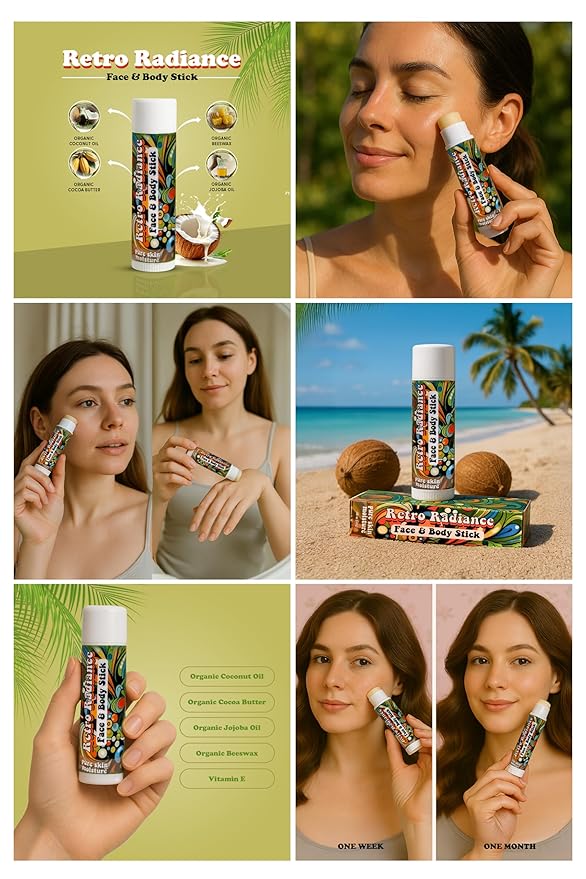 Retro Radiance Pure Skin Moisture Face and Body Stick,All Natural Organic Skincare,anti ageing,jojoba,coconut,coccoa butter,vegan,fragrance free,lips,tattoo,hands,heels,made in USA