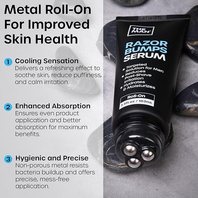 The Man Razor Bumps Serum - Ingrown Hair Treatment for Men - Razor Bump Treatment for Men - Face & Body After Shave & Razor Burn Treatment - Metal Roll On Soothes Skin & Calms Irritation (3.5fl.oz)