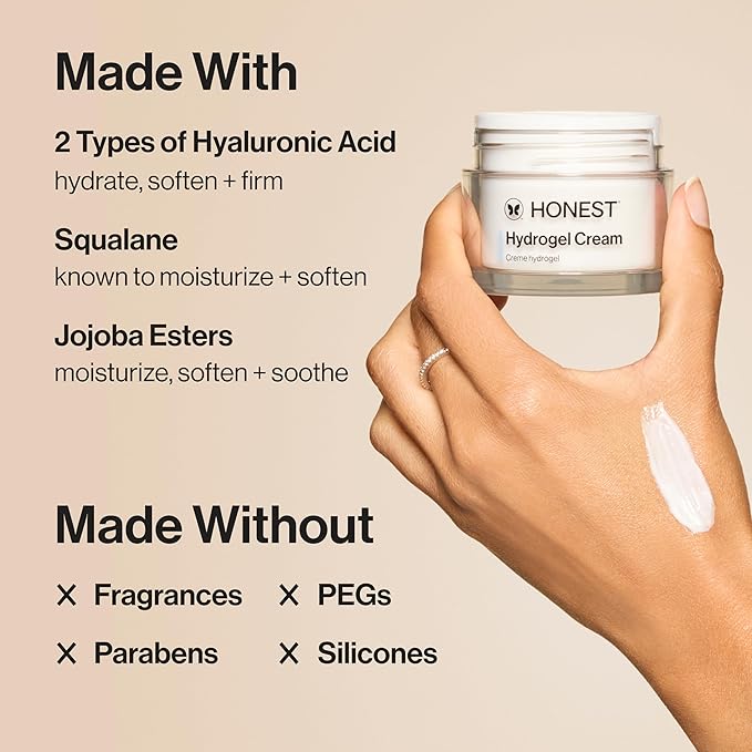 Honest Beauty Mini Hydrogel Cream with Hyaluronic Acid, Lightweight Moisturizing Water Gentle for Sensitive Skin, Fragrance-Free, Vegan, Travel Size, .57 fl oz