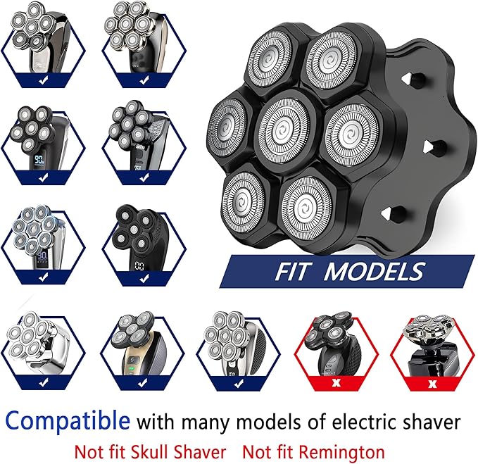 Universal Replacement Heads for Blade,Replacement Blades Compatible with Most Major Head Shaver Brands, Easy-to-Install Electric Razor Shaver Heads for Bald Men. (7 Black Magnetic)