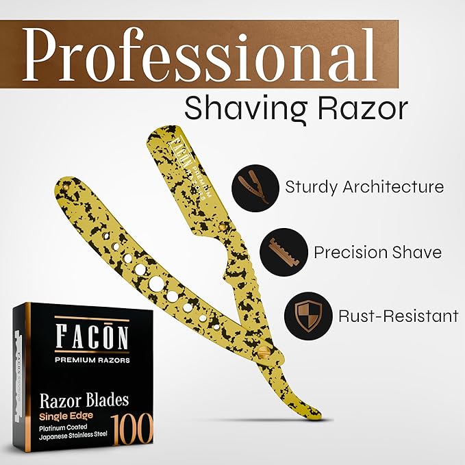 Facón Straight Razors for Men - Professional Barber Straight Edge Razor Kit with 100 Blades, Classic Stainless Steel Barbero Shaver for a Smooth & Precise Shave, Premium Barber Razor for Men's Shaving