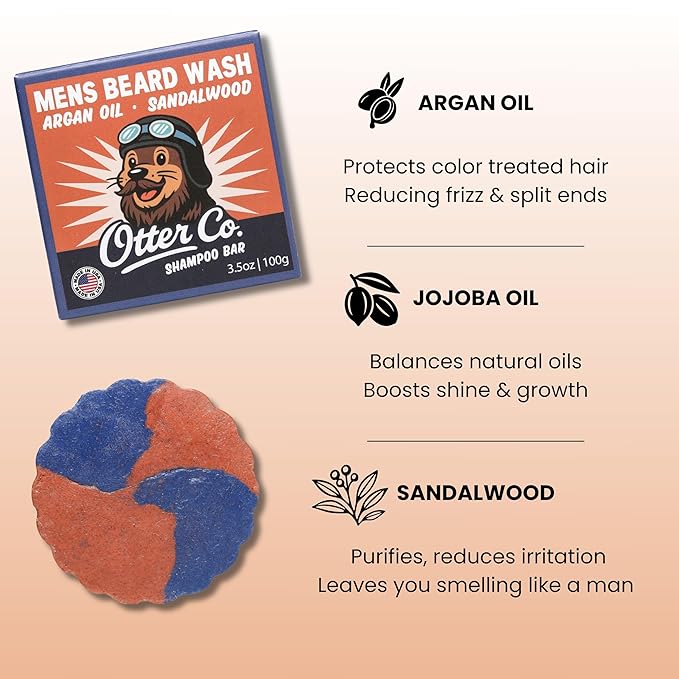 Otter co. Mens Shampoo Bar and Beard Wash – Argan oil & Sandalwood – Green Tea, Zinc, Jojoba Oil, Rosemary – Vegan, Sulfate Free & Non Toxic – With Organic Ingredients - All Hair Types, Made in USA
