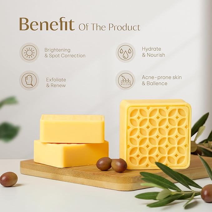 Kojic Acid and Turmeric Soap Bar for Dark Spots – Natural Brightening Bar with Coconut & Olive Oil, Lemon, Shea Butter, Vitamin C&E – Cleansing Moisturizing Bath Soap (3Pack) + Loofah Bath Sponge