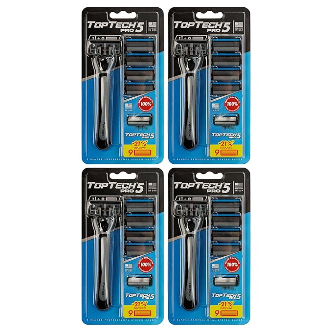 TopTech PRO 5 Razors for Men Quad Set - Manual Shaving Razors & Refills - 40 Count Pack (4 Handles + 36 Replaceable Cartridges), 5-Blades Technology - Soft Shave & Sharp Blades - Great Refill Price