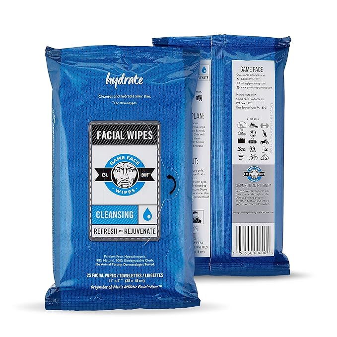 Game Face Grooming Cleansing Wipes - 25 Hydrating Facial Wipes (6 Pack) | On-The-Go, Lightly Scented, Rejuvenating, Eradicates Sweat | Perfect for Athletic, Sport, Travel, Camping, Festivals, Any Need