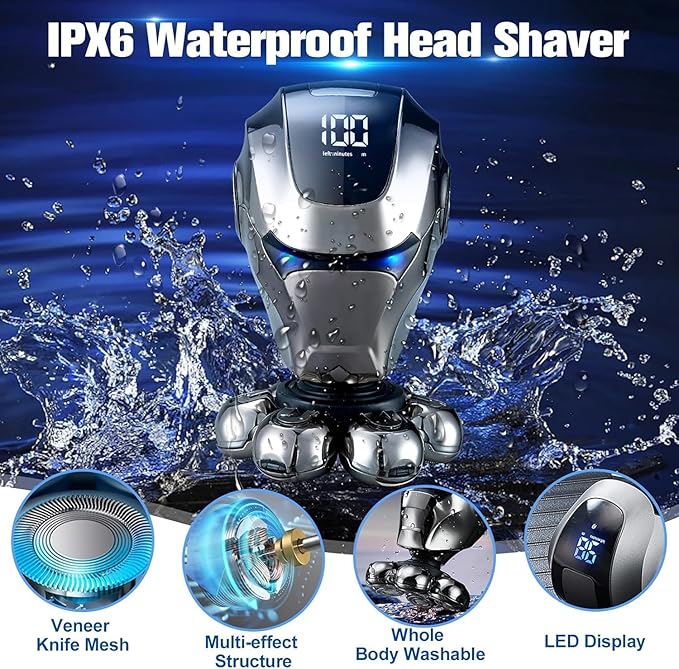 Electric Shaver for Bald Men, 6 in 1 Floating Head Razor with Nose Hair, Sideburns Trimmer, Face Brush, Upgrade 7D Electric Razor for Men with Type-C Charger, LED Display & Waterproof