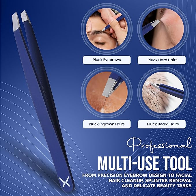 Slanted Stainless Steel Tweezers for Men & Women - Precision Eyebrow Tweezers for Facial Hairs, Strong Grip, Fine Tip, Professional Tweezer for Plucking & Grooming (Midnight Blue)
