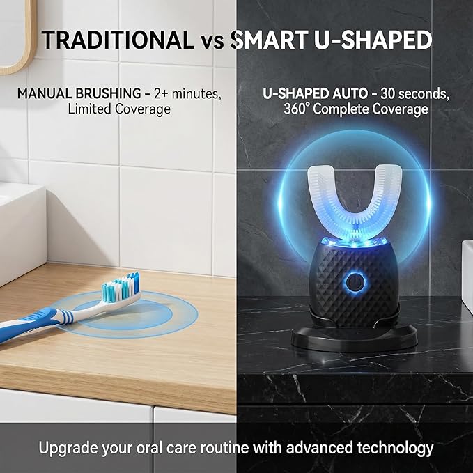 U-Shaped Electric Toothbrush for Adults, Hands-Free Auto Teeth Cleaner with 360° Ultrasonic & Foam Mousse, 4 Brush Heads, LED Light & Charging Base Kit (Black)