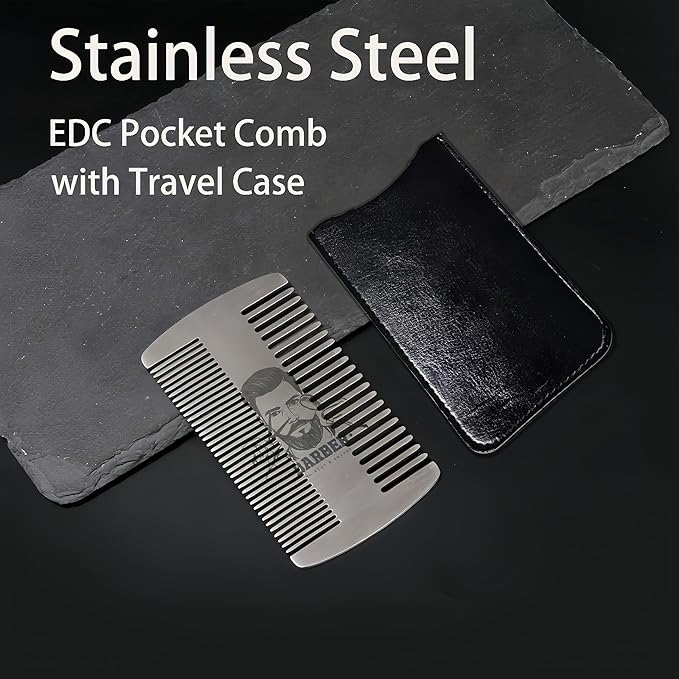 Metal Beard Mustache Comb for Men - Anti-Static Dual Action - Credit Card Size Stainless Steel EDC Comb, Lice Wallet Pocket, Fine Cutting Teasing Barber Hair Styling - Silver