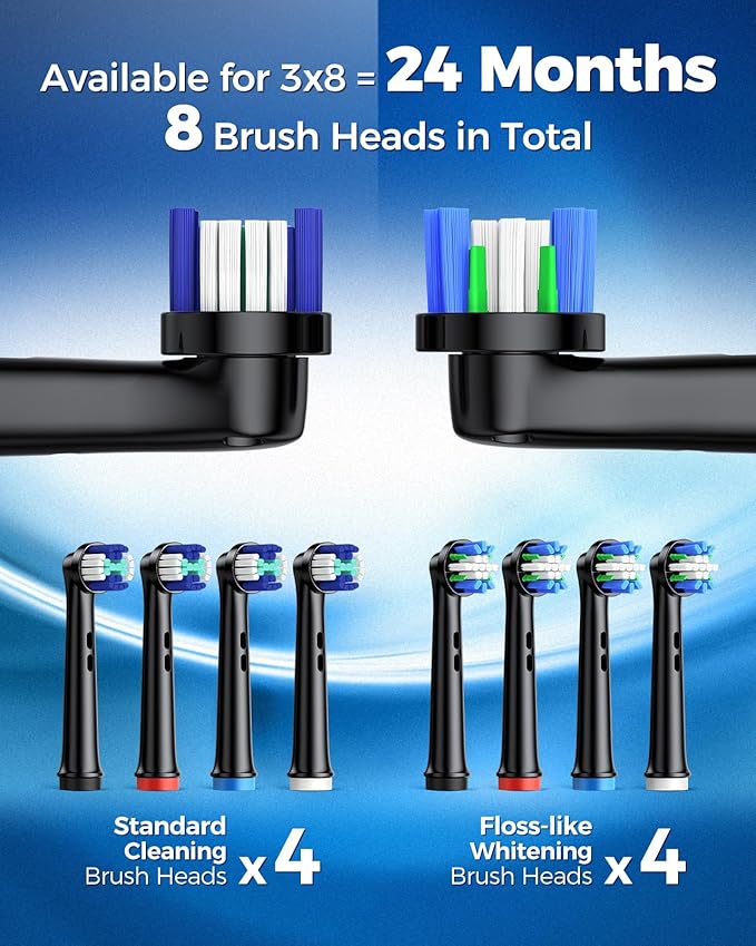 TEETHEORY Rotating Electric Toothbrush for Adults with 8 Brush Heads (2 Types), 4 Modes Deep Clean Electric Toothbrush with Rechargeable Power and 2 Min Smart Timer (1- Black, with travelcase)