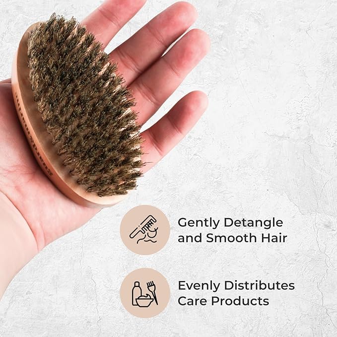 GUARD&MARINE 100% Boar Bristle Beard Brush for Men – Medium Firm Military Style Brush for Short Beard, Mustache & Waves – Natural Wooden Handle Grooming Brush