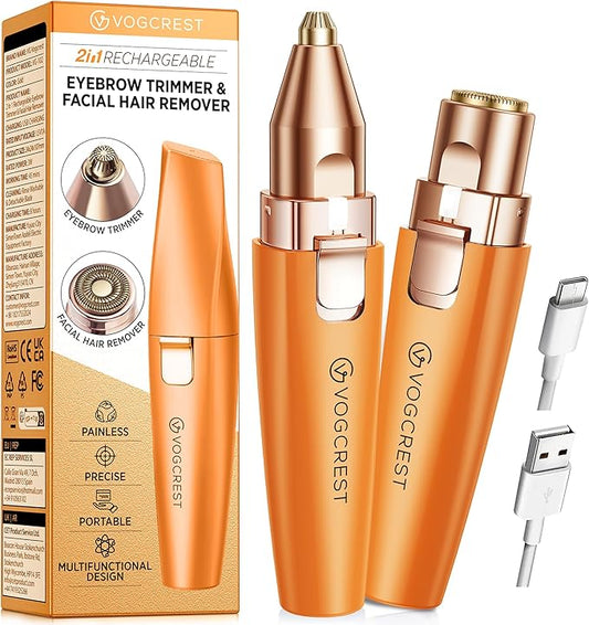 VG VOGCREST Eyebrow Facial Trimmer: 2 in1 Rechargeable Facial Hair Removal and Eyebrow Shaver - Face Lips Body Painless Razor with Built-in LED Light (Orange)
