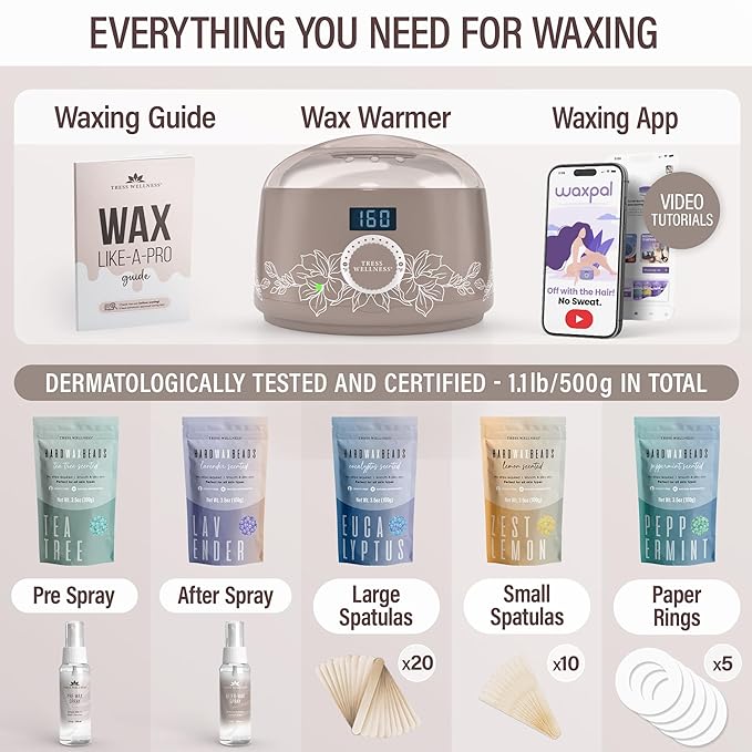 Tress Wellness Waxing Kit for Sensitive Skin – Safe for Face & Skin, Prep & Aftercare Spray, Easy to Use – At-Home Kit for Face, Bikini, Brazilian & Full Body - Digital Display, Dusty Chocolate
