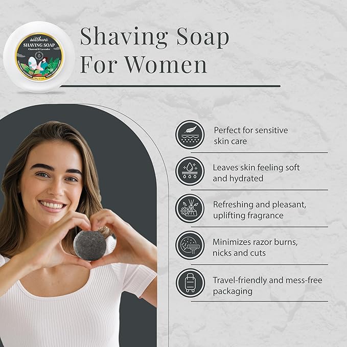 Satthwa Organic Shaving Soap Puck infused with Charcoal & Lavender | Create the Perfect Lather | Excellent for Silky Smooth Shaves | Cleansing & Nourishing, For Men & Women - 50gx2 (1.7oz x2)