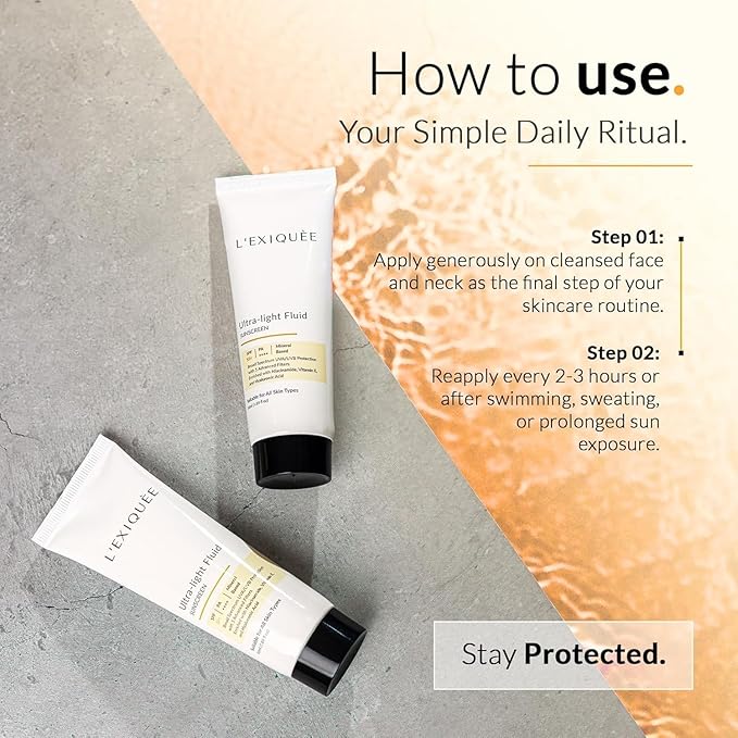 L'E'X'IQUÉE Ultra-Light Mineral-Based Sunscreen SPF 55+ PA++++ | No White Cast Fluid for Face | Non-Greasy Facial Sunscreen with Niacinamide & Hyaluronic Acid | Men & Women | 1.69 fl oz