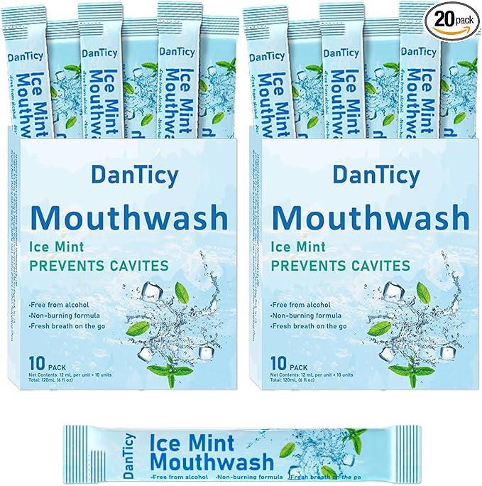 Mouthwash Travel Size, Alcohol-Free Mouthwash, Portable, Fresh Breath, Mini Packets, Ice Mint, 20 Individual Disposable Packets