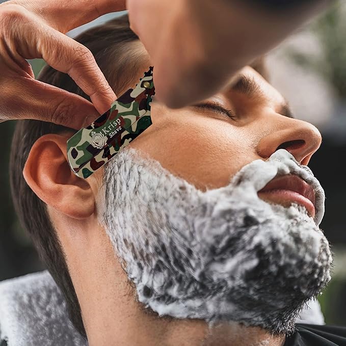 Straight Razor with 10 Shaving Blades Razors for Men - Professional Barber Straight Edge Razor for Close Shaving Cut Throat Shavette Men Beard Shave Manual Blade Holder By Krisp Beauty Green Camo
