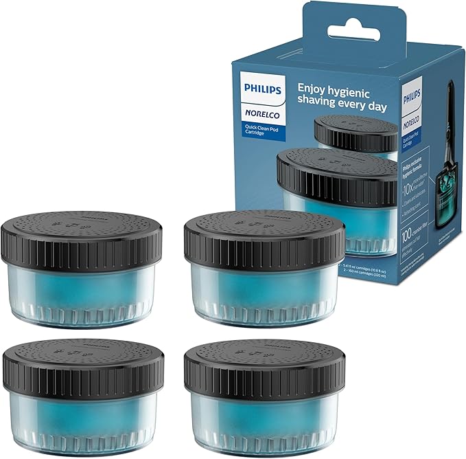 Norelco Philips Quick Clean Pod Cartridge, Lubricates Shaver & Eliminates Cut Hair, 4x 5.4 fl oz Cartridges (Up to 1yr Supply), BD9010AZ