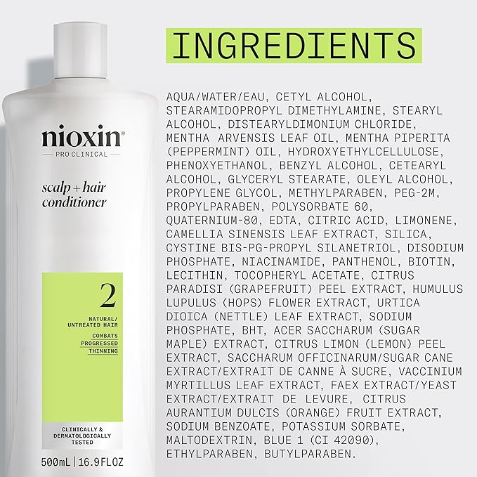 Nioxin Scalp + Hair Thickening System 2 Conditioner | For Natural or Untreated Hair with Progressed Thinning | With Niacinamide and Biotin | 16.9 Fl oz.