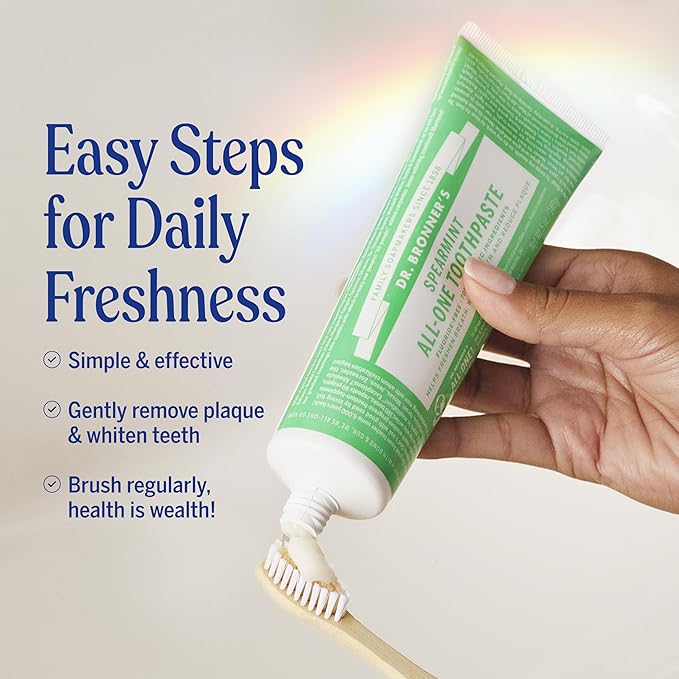 Dr. Bronner’s All-One Toothpaste Pack of 3– Spearmint, 5 oz– Fluoride-Free Toothpaste for Adults, SLS-Free, 70% Organic & Natural Ingredients, Vegan, Helps Freshen Breath & Reduce Plaque
