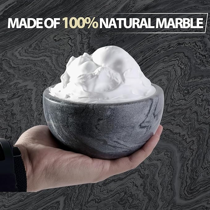 Koville Marble Shaving Soap Bowl 5'' Gray Handmade Shaving Cream Bowl, Marble Bowls For Shaving Foam, Shave Soap Bowl, Shaving Kit Bowl, Shaving Cup Gift for Men with 2 pack Shaving Brush
