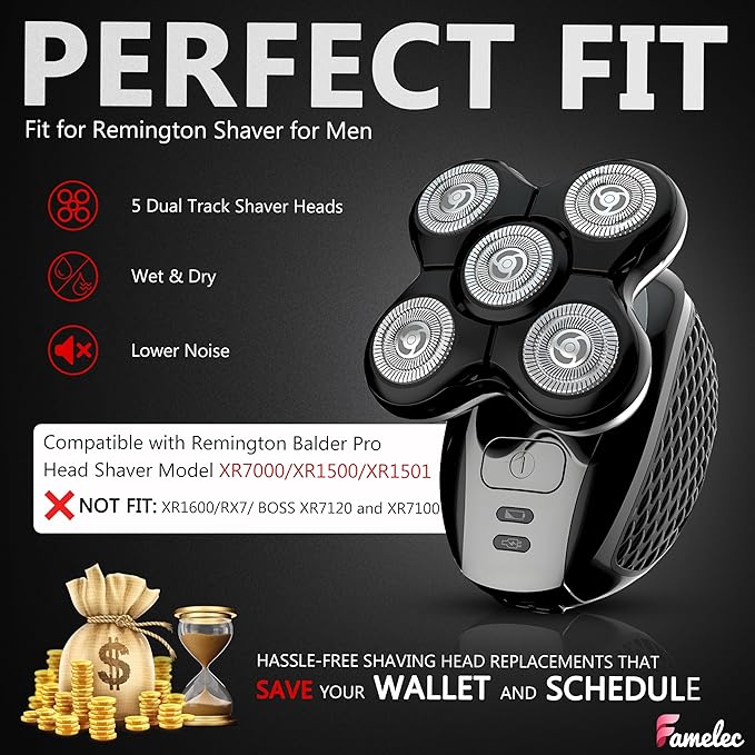 Electric Razor Replacment Heads for Remington Balder Pro XR7000, Premier Wet/Dry Bald Head Shaver Replacement Head for Balder Pro Head Shaver, Upgraded 5 Dual Track Heads & Flex Blades