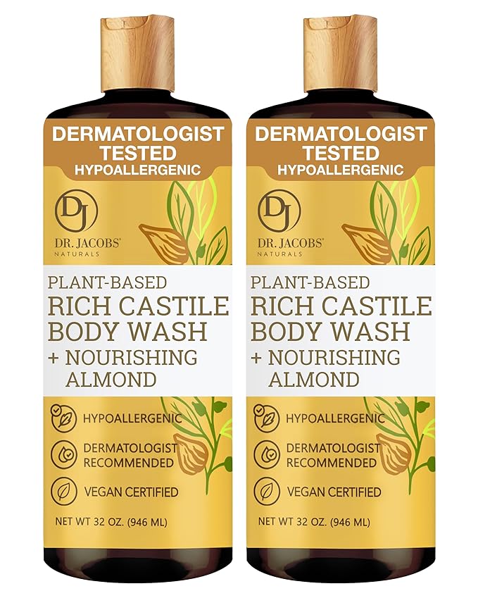 Dr. Jacobs Naturals Pure Castile Soap Liquid Body Wash, Almond - Plant Based Castile Soap Infused with Vitamin E and Aloe Vera to Moisturize Dry and Sensitive Skin - Made in The USA - 32 oz, Pack of 2