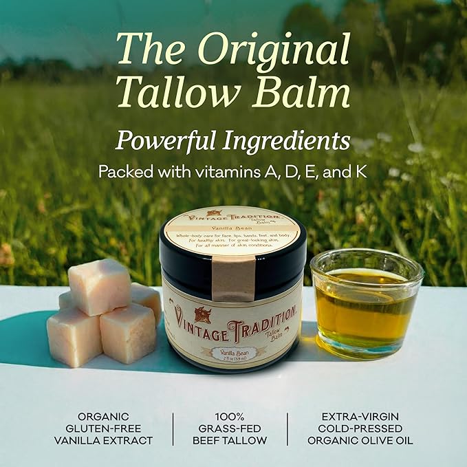 Vintage Tradition Beef Tallow All Purpose Balm - Healing, Hydrating Mild Vanilla Skin Care Salve Replaces Body Lotion, Hand Cream, More - Essential Oil, Olive Oil, and Grass-Fed Tallow, 2 fl. oz.