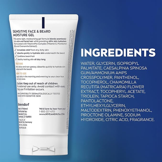 NIVEA MEN Sensitive Face and Beard Moisture Gel, Gentle Face and Beard Moisturizer for Men Instantly Hydrates Skin and Conditions Beards, 1.7 Fl Oz Tube, Pack of 3