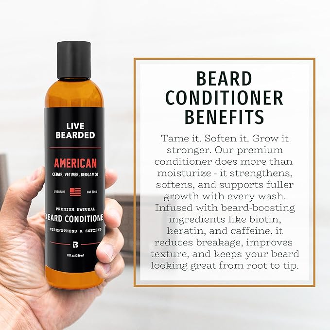 Live Bearded Beard Conditioner, 8 fl oz - Strengthens and Softens Facial Hair - Made in the USA - All-Natural Ingredients with Biotin, Caffeine | American Scent - Cedar, Vetiver, Bergamot