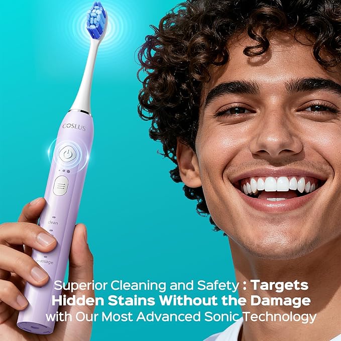 COSLUS C30 Electric Toothbrush for Adults & Kids: 3 Intensities & 5 Modes for Effective Yet Gentle Ultra-Clean Feel, 2 Types of Heads for Gentle & Daily Care, Travel & Family Use, Purple, 1PC