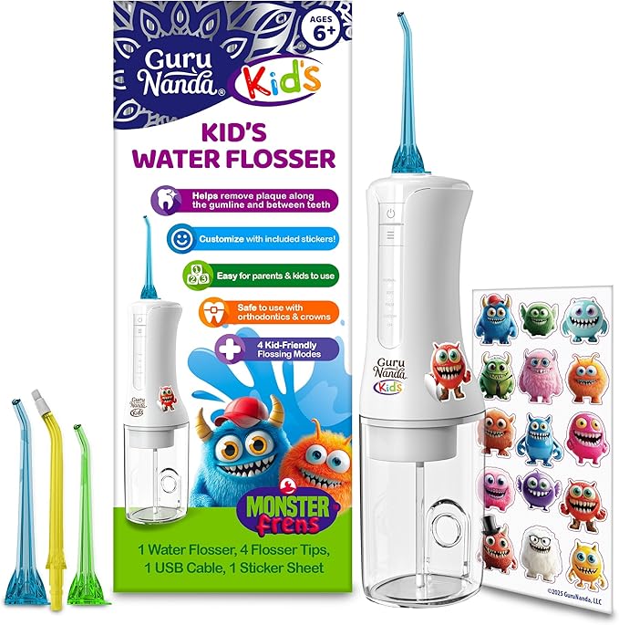 GuruNanda Kids Water Dental Flosser - 4 Flossing Modes, 4 Nozzles, 2-Min Smart Timer, Ages 6+, Monster Frens Theme, Portable Oral Care for Kids