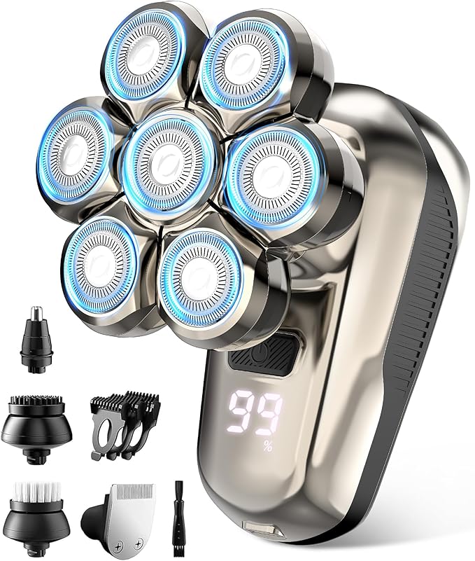 Head Shaver for Bald Men, 5-in-1 Electric Razor with 7D Floating & 2-Speed Modes, IPX7 Waterproof, LED Smart Display and & Type-C Fast Charging, Professional Grooming Kit for Men Head, Face Beard