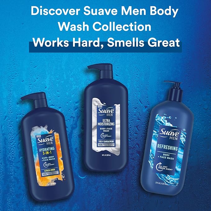 Suave Men Body + Face Wash Bundle – Energizing Sport (Beragmot & Wood) 2-Pack + Refreshing (Cedarwood & Mandarin), 30 Oz Ea