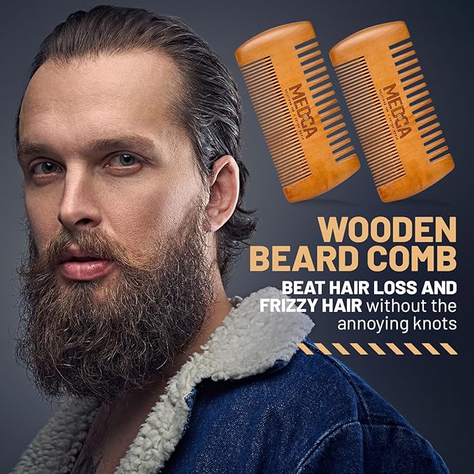 Wooden Beard Comb for Men - Pack of 2, Handcrafted Solid Beechwood Beard Combs, Mustache and Head Hair Pocket Comb with Leather Case - Dual Action Fine & Coarse Teeth